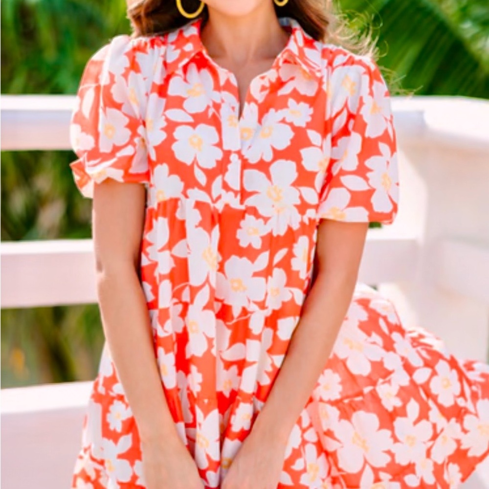 Blue B Floral Tiered Size Medium Floral Orange and White Dress